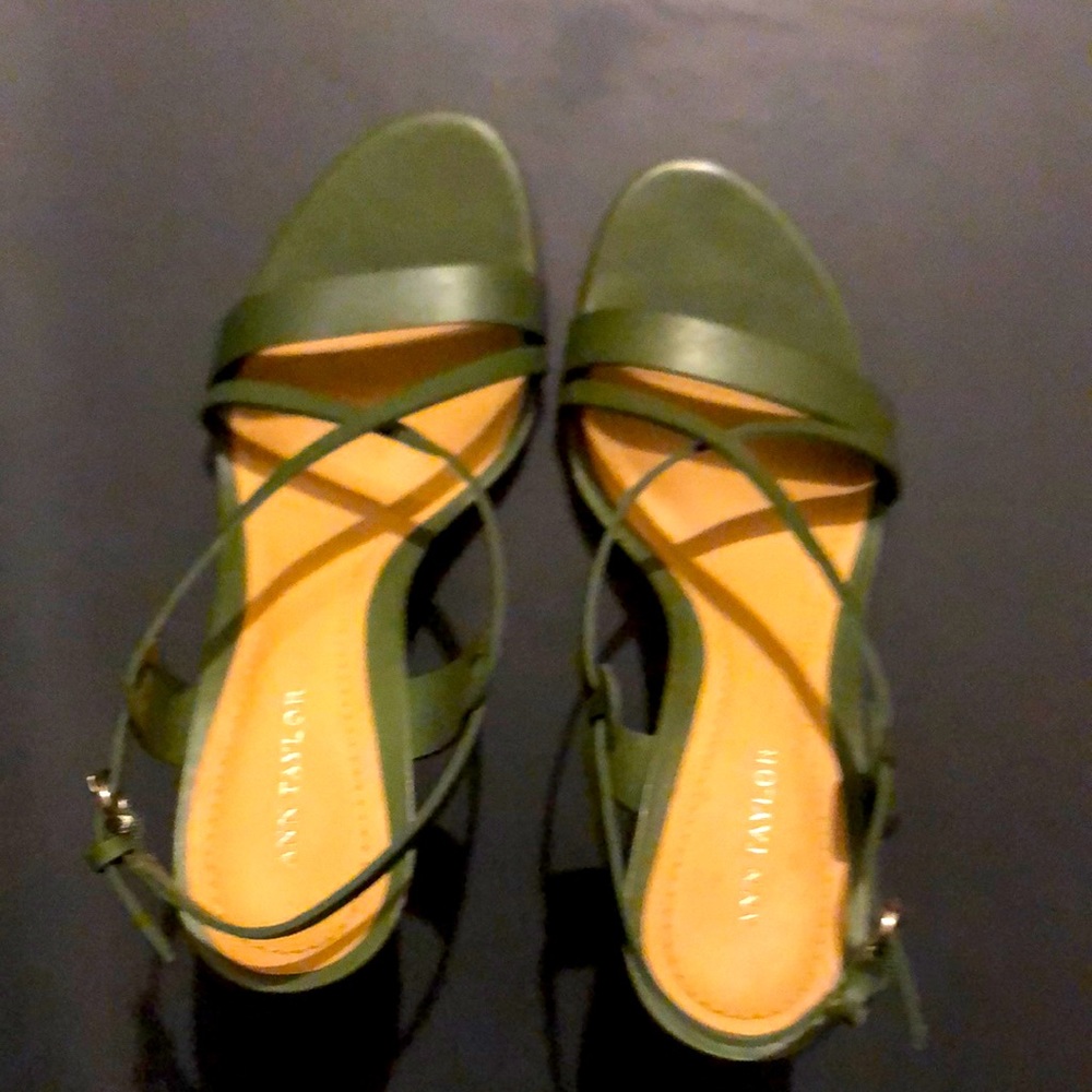 Ann Taylor green leather wedge straps sandal. NWT.